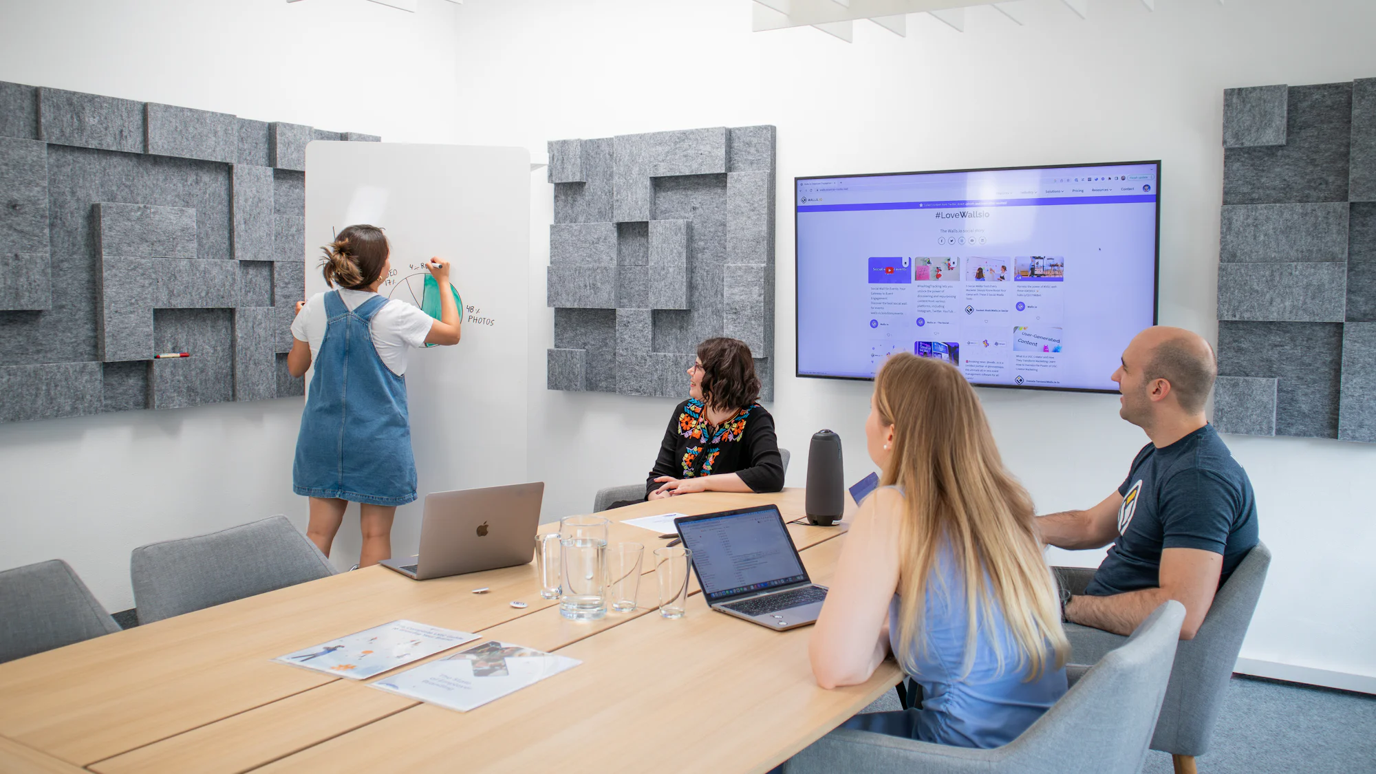 A team working through a workflow together on a whiteboard and screen